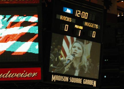 Cathy sings the National Anthem before the Knicks-Nuggets game at Madison Square Garden.